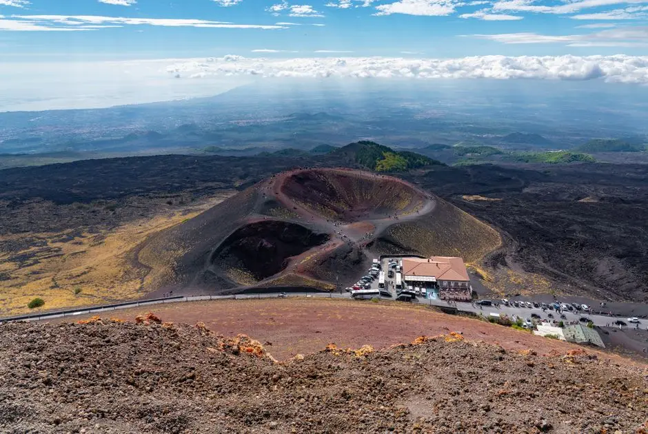 Stunning aerial view of Mount Etna's craters and landscape in Sicily, captured under a clear blue sky.