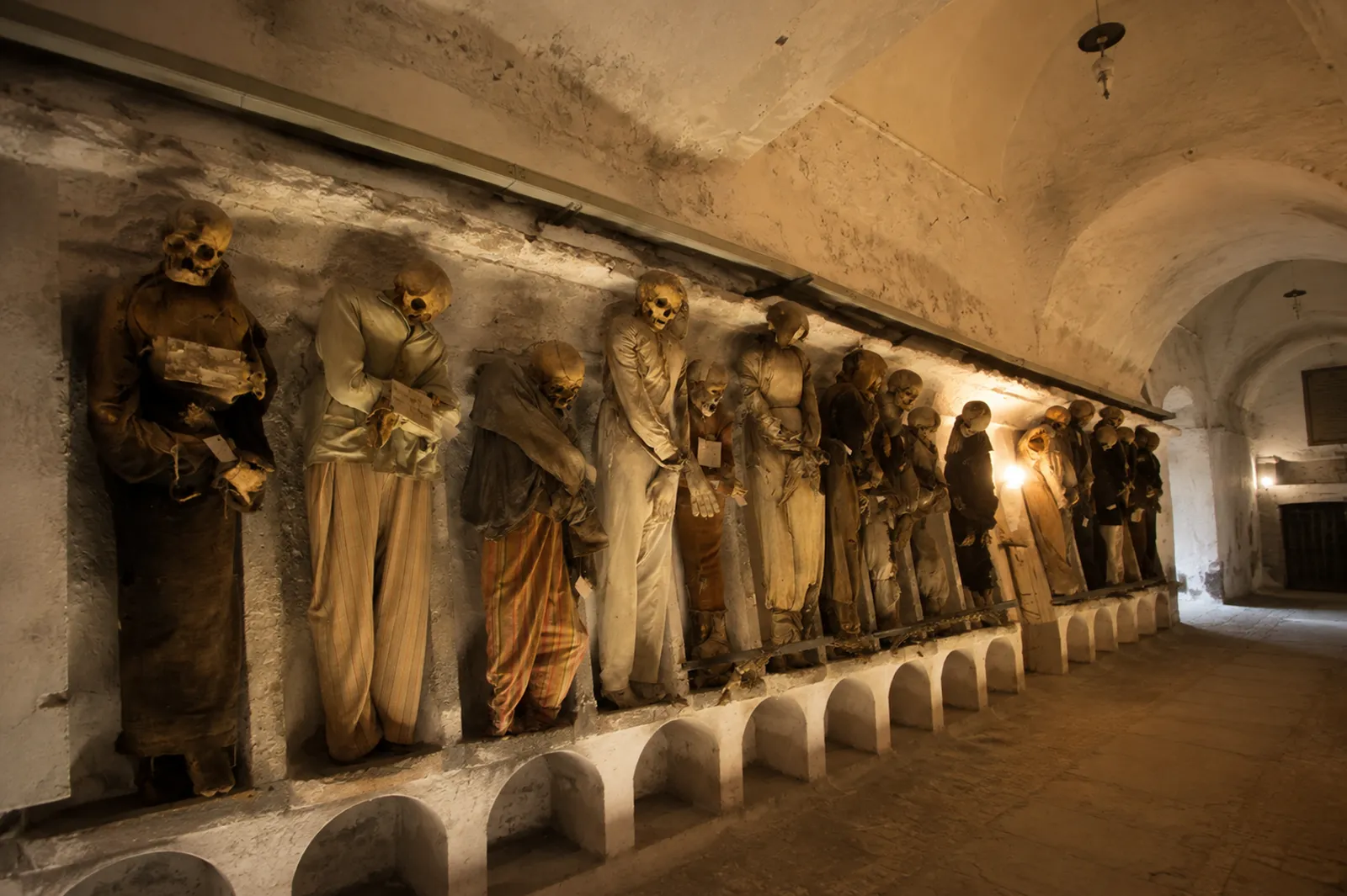 A row of mummified figures dressed in period clothing standing in wall niches along a vaulted stone corridor in the Capuchin Catacombs of Palermo.