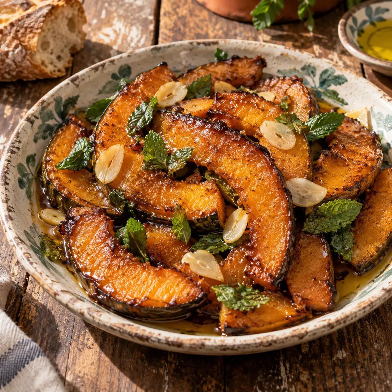 Slices of fried Sicilian pumpkin in a glossy sweet-and-sour glaze, layered in a shallow dish with sliced garlic and fresh mint leaves.