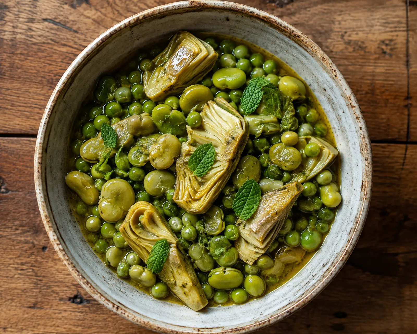 A bowl of Sicilian Frittedda showing tender fava beans, peas and artichoke wedges braised together in a light green-gold sauce.