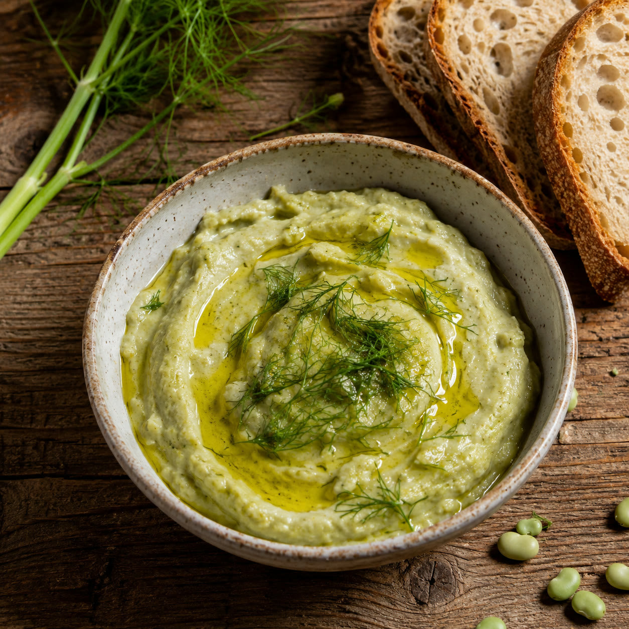 A bowl of creamy pale-green Sicilian maccu di fave bean puree, topped with a drizzle of olive oil and fresh wild fennel fronds, with crusty bread on the side.
