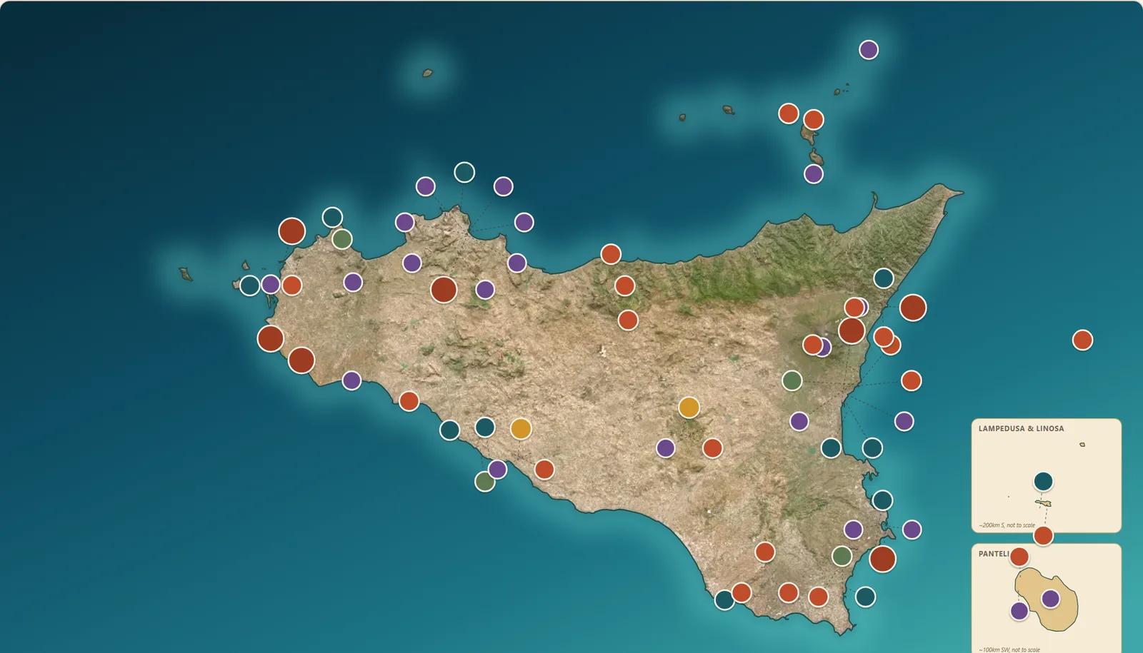 Interactive map of Sicily with colored markers for beaches, sights and hidden gems
