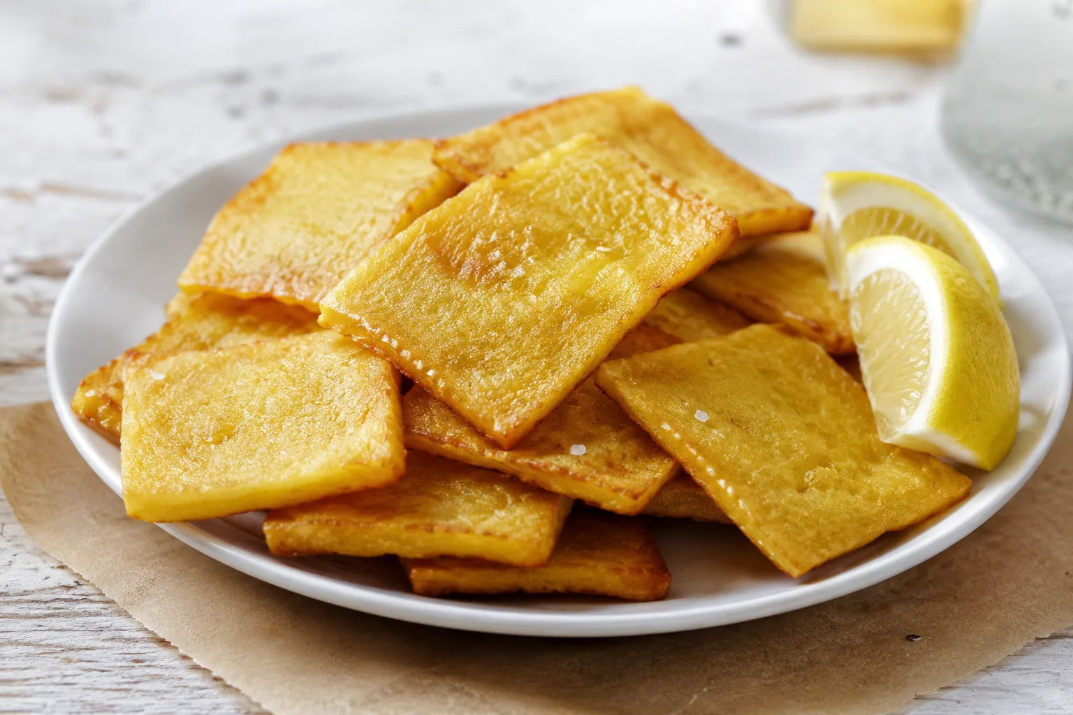 Thin, golden fried panelle slices on a white plate, with lemon wedges on the side.