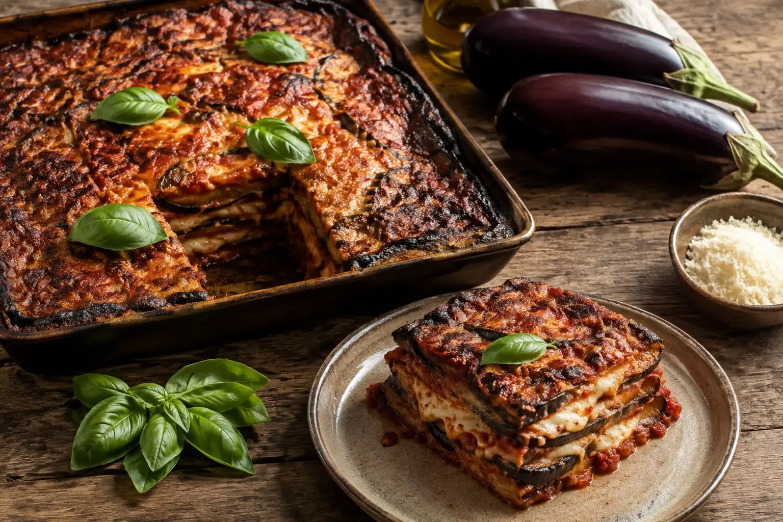 A baked Sicilian parmigiana di melanzane in a rustic dish, a portion lifted out to show the layers of fried aubergine, tomato sauce and melted caciocavallo, with fresh basil on top.