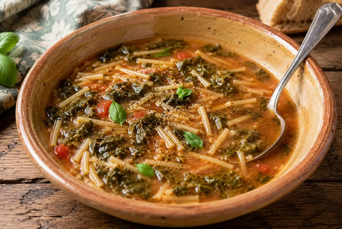 A rustic terracotta bowl of pasta e tenerumi, with broken short pasta, dark green squash leaves, and tomato in a light broth, garnished with basil, a spoon resting in the bowl next to a slice of bread.