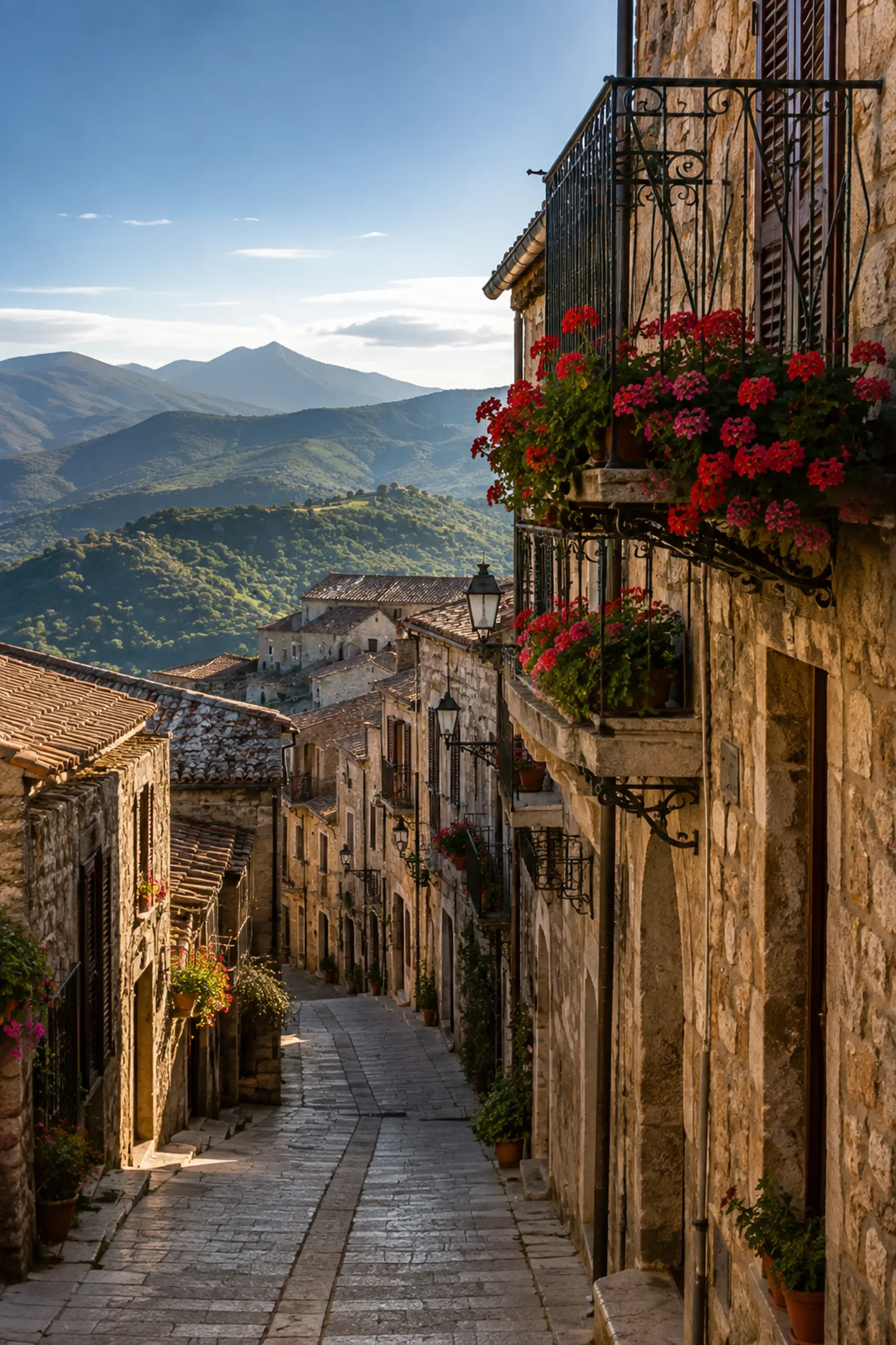 A narrow stone street in Petralia Soprana lined with flower-covered wrought-iron balconies, with the layered peaks of the Madonie mountains in the background.
