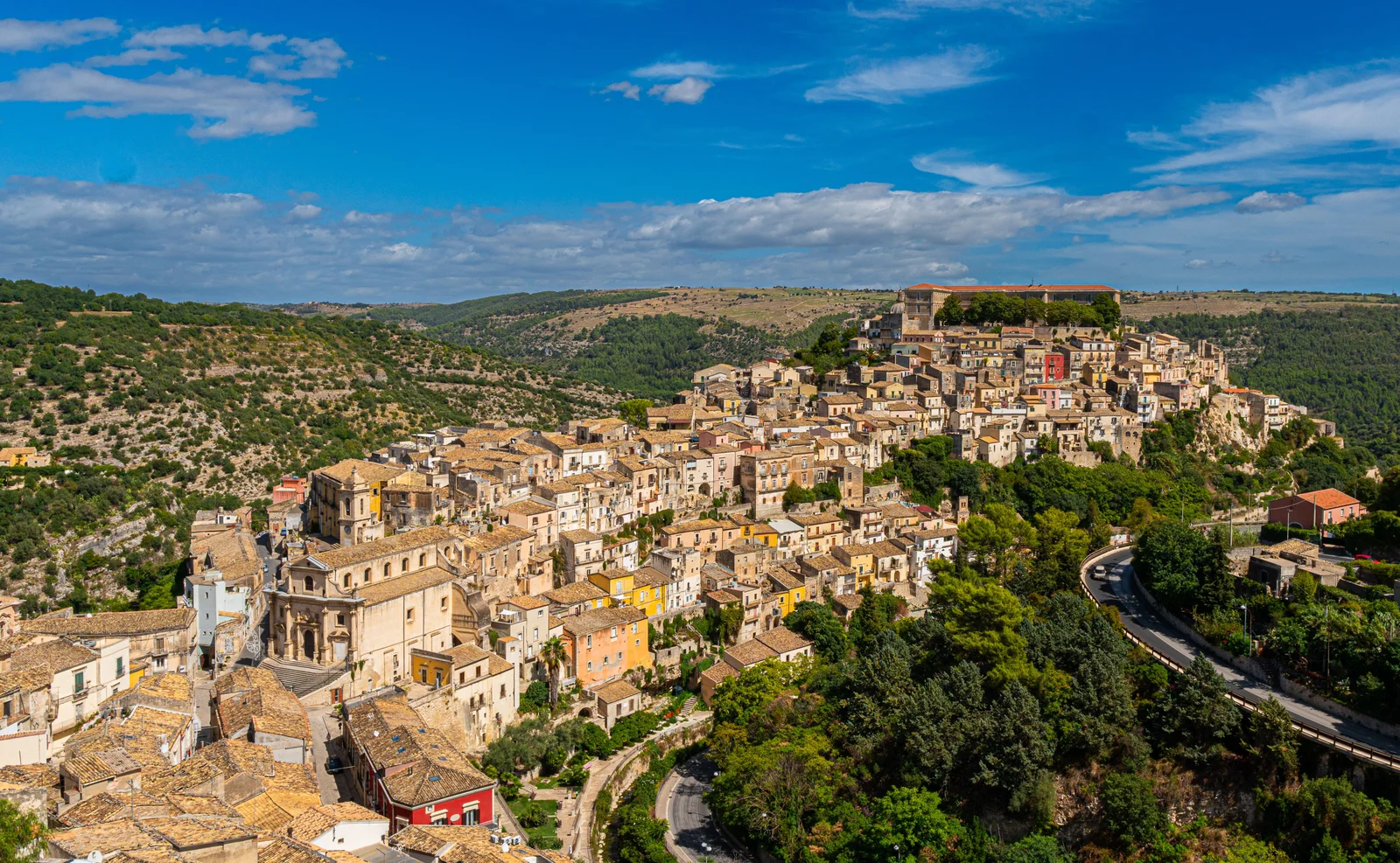 Aerial view of historic Ragusa Ibla in Sicily, Italy, showing the hillside old town.