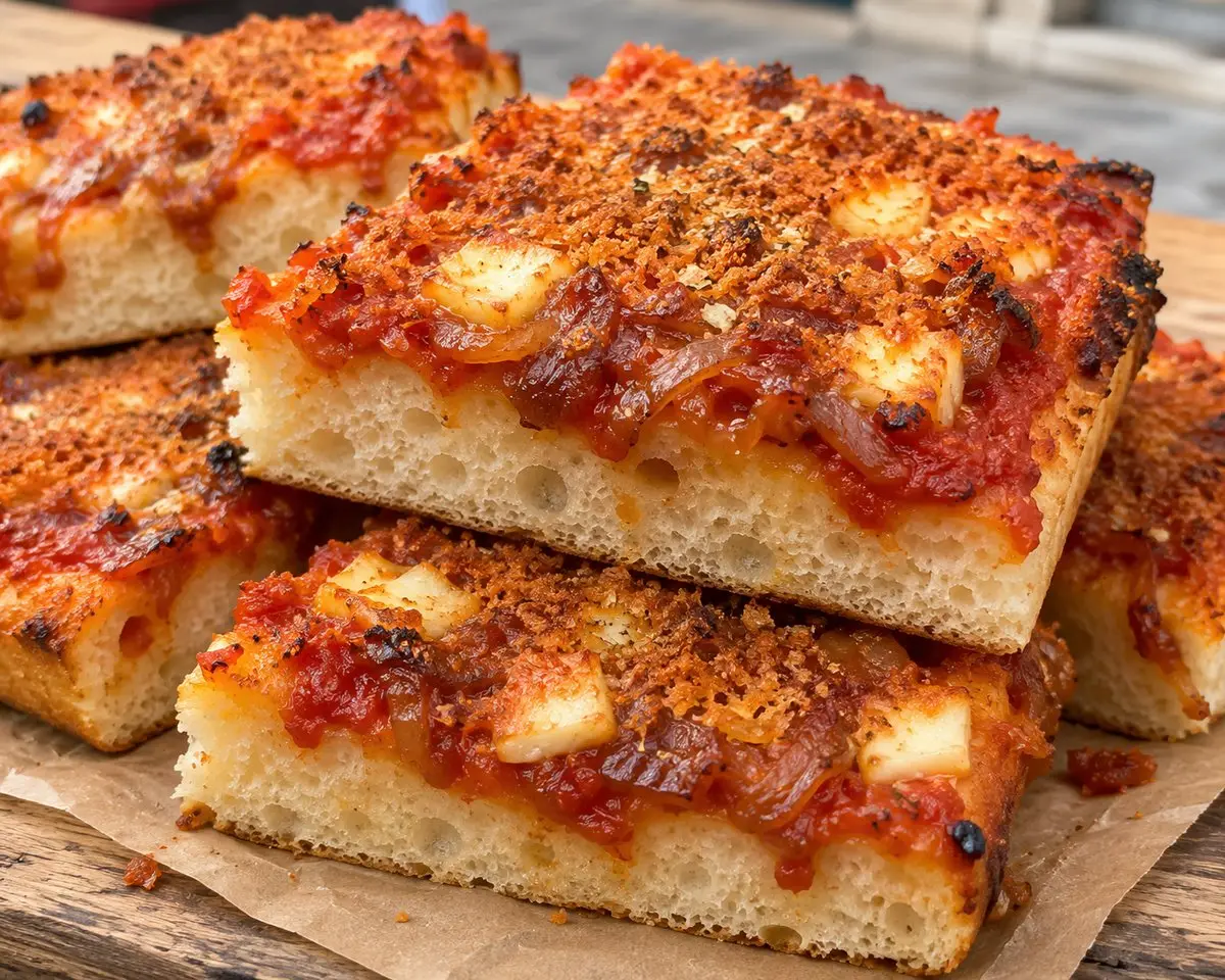 Thick squares of sfincione palermitano on a wooden board, showing the spongy dough, tomato and caramelized onion topping, melted caciocavallo cheese, and golden breadcrumb crust.