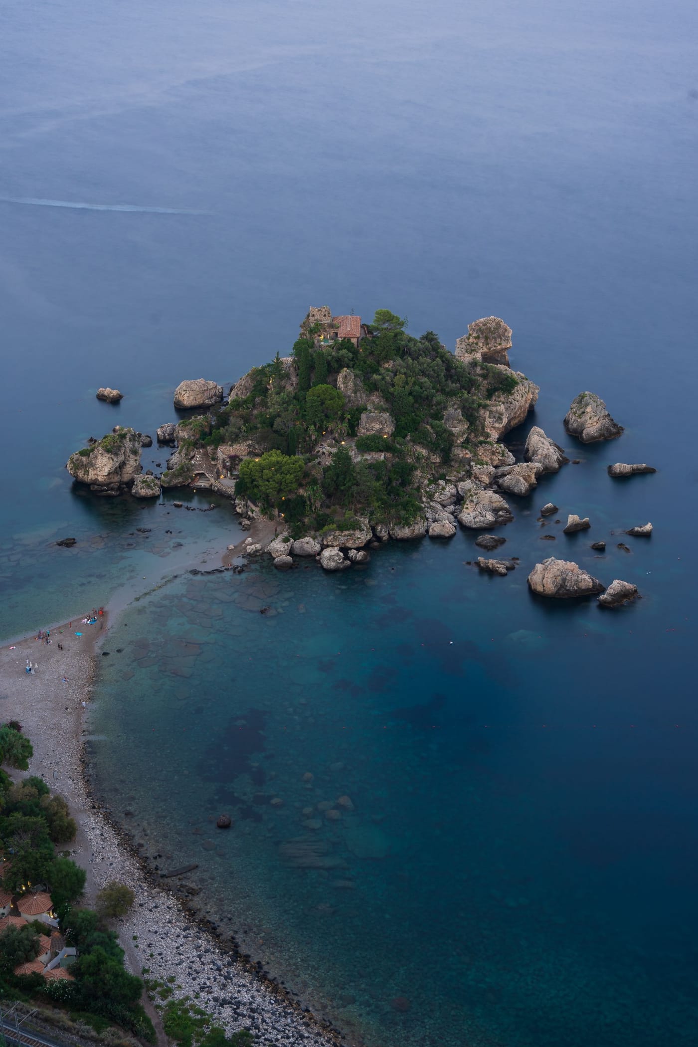 Isola Bella off Taormina seen from above at dusk