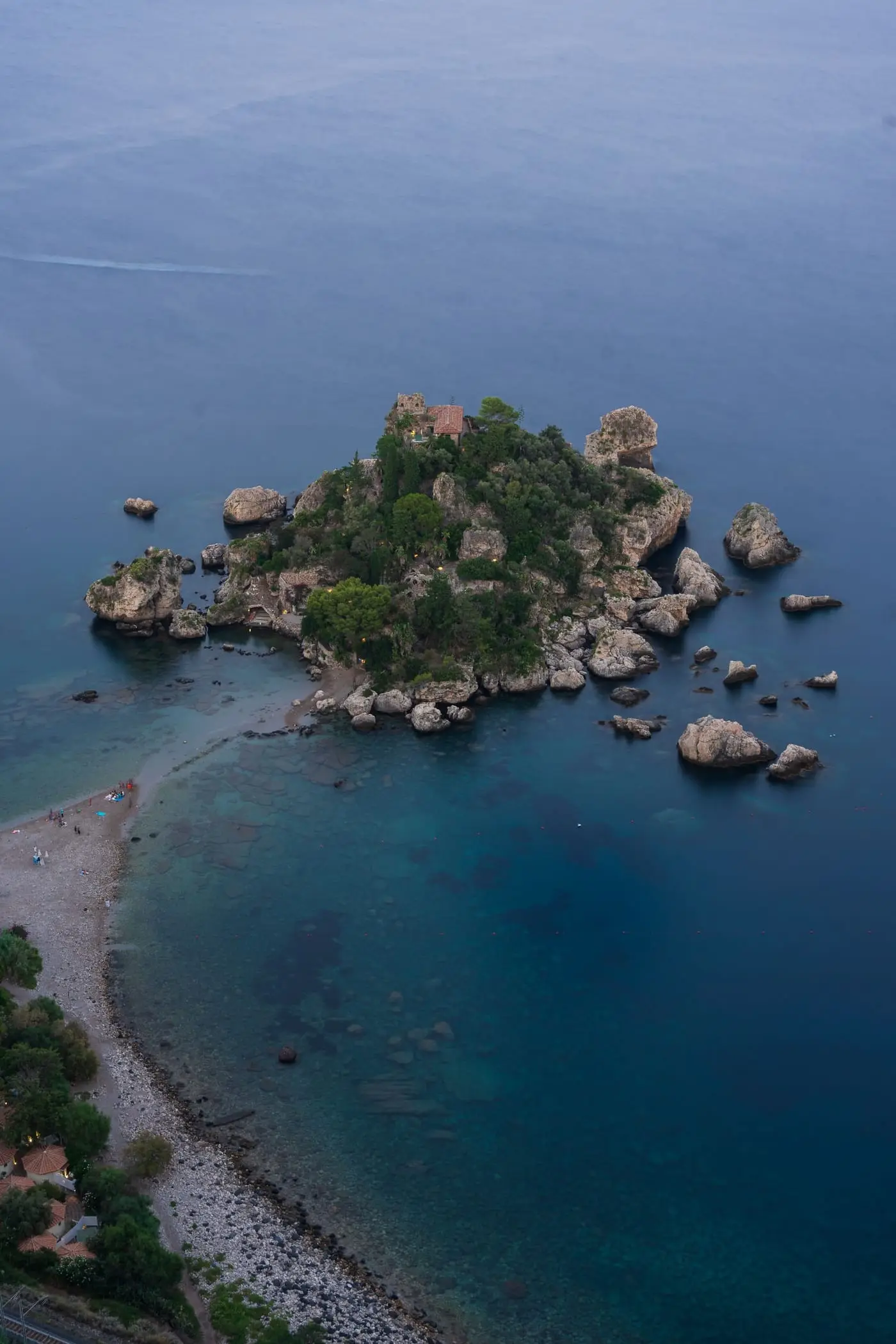 Isola Bella off Taormina seen from above at dusk