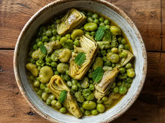 A bowl of Sicilian Frittedda showing tender fava beans, peas and artichoke wedges braised together in a light green-gold sauce.