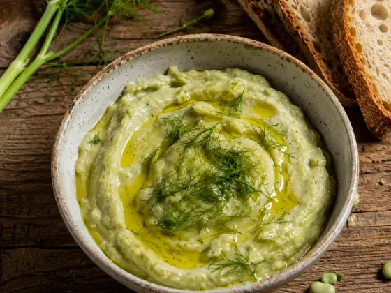 A bowl of creamy pale-green Sicilian maccu di fave bean puree, topped with a drizzle of olive oil and fresh wild fennel fronds, with crusty bread on the side.