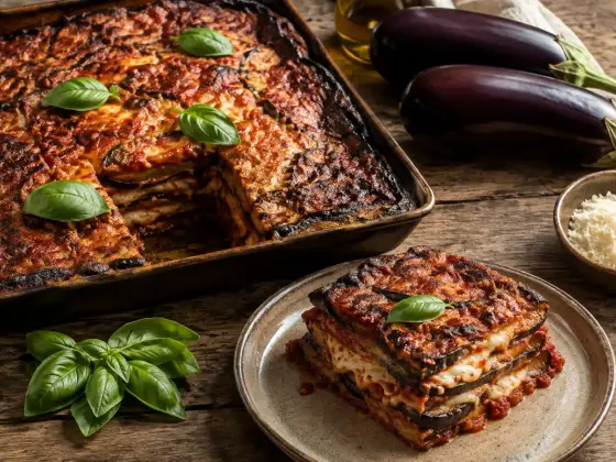 A baked Sicilian parmigiana di melanzane in a rustic dish, a portion lifted out to show the layers of fried aubergine, tomato sauce and melted caciocavallo, with fresh basil on top.