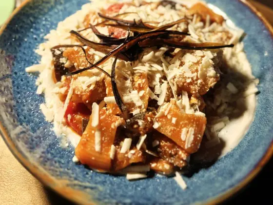 A plate of homemade Pasta alla Norma on a blue ceramic plate, with rigatoni, fried eggplant slices, tomato sauce, and grated ricotta salata.