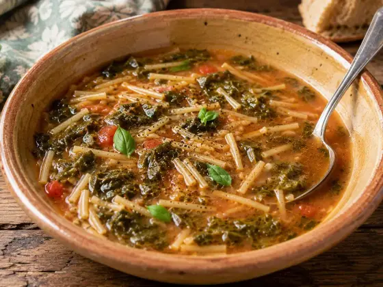 A rustic terracotta bowl of pasta e tenerumi, with broken short pasta, dark green squash leaves, and tomato in a light broth, garnished with basil, a spoon resting in the bowl next to a slice of bread.