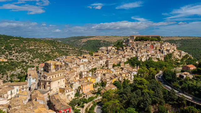 Aerial view of historic Ragusa Ibla in Sicily, Italy, showing the hillside old town.