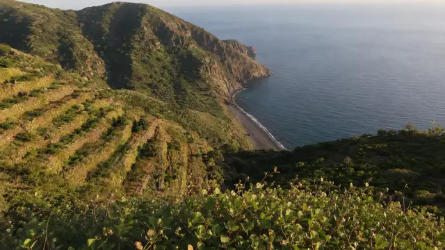 The green, terraced hills of Salina island in the Aeolian archipelago, descending toward a small pebble cove with the sea stretching out beyond it.