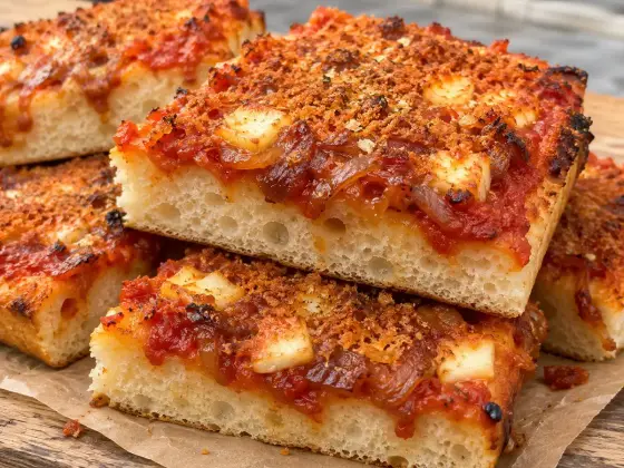 Thick squares of sfincione palermitano on a wooden board, showing the spongy dough, tomato and caramelized onion topping, melted caciocavallo cheese, and golden breadcrumb crust.