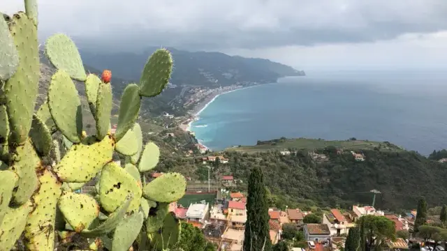 Dramatic coastal view of Taormina, Sicily with prickly pear cactus in the foreground.