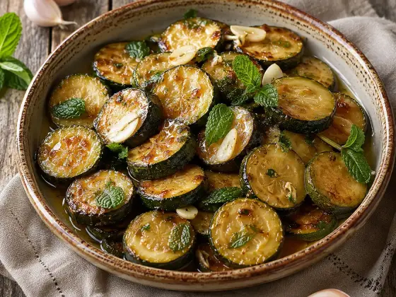 Fried Sicilian zucchini rounds in a glossy sweet-and-sour glaze with fresh mint leaves and sliced garlic.