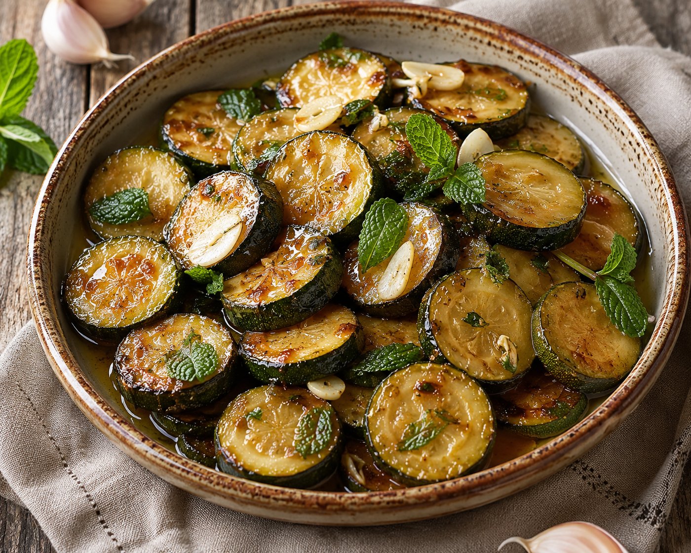 Fried Sicilian zucchini rounds in a glossy sweet-and-sour glaze with fresh mint leaves and sliced garlic.
